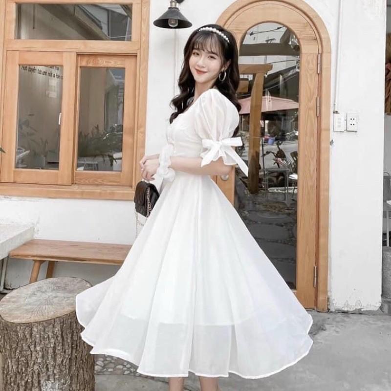 ĐẦM TAY NGẮN BUỘC NƠ TRẮNG, HỒNG XINH XẮN