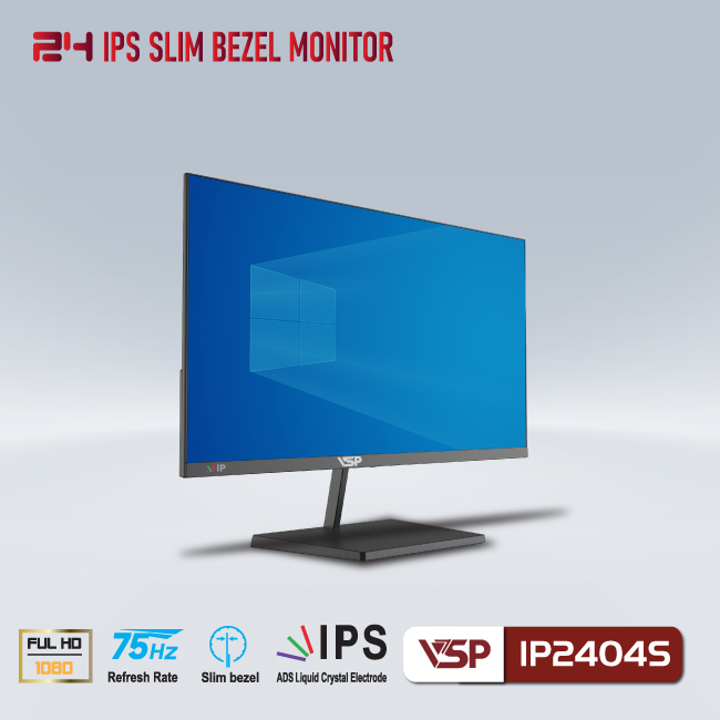 Màn hình VSP IP2404S ~ 24inch (23.8&quot; IPS FHD 75Hz, HDMI+VGA+Audio out SPK 8Ω 3W) - Hàng chính hãng TECH VISION phân phối