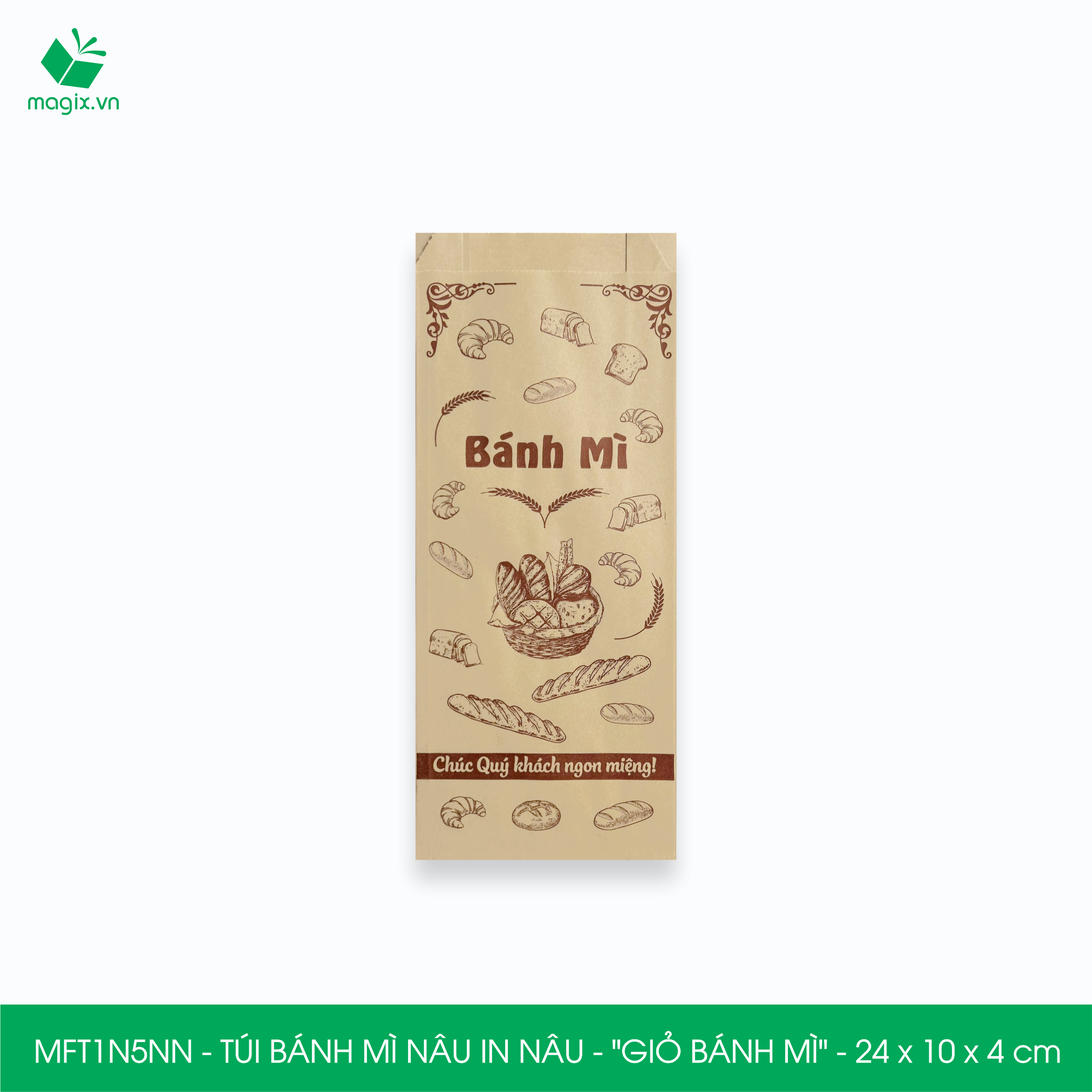 MFT1N5NN - 24x10x4 cm - 1000 Túi bánh mì Nâu, in sẵn họa tiết GIỎ BÁNH MÌ - Bao bánh mì Túi giấy thực phẩm an toàn