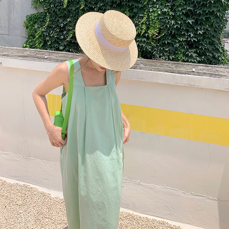 Váy maxi đi biển hai dây bản to màu xanh, đầm dây hở lưng cổ vuông chất thô from rộng dáng dài