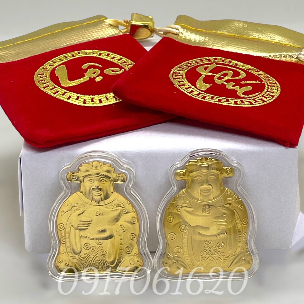 Ông Thần Tài Mạ Vàng Tặng kèm Túi Gấm Đỏ Chứ Phúc Lộc Phong Thủy May Mắn