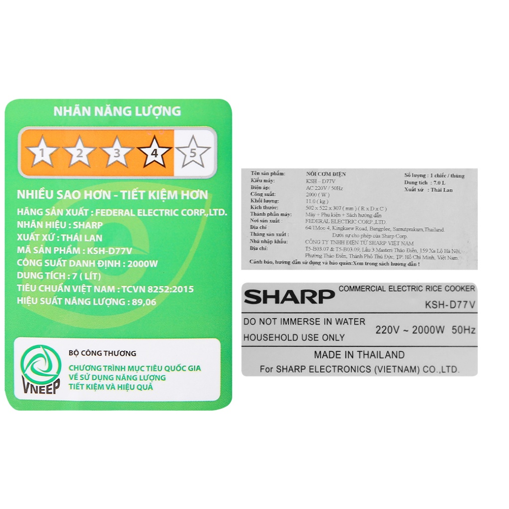Nồi Cơm Điện Nắp Rời Sharp KSH-D77V - Hàng chính hãng
