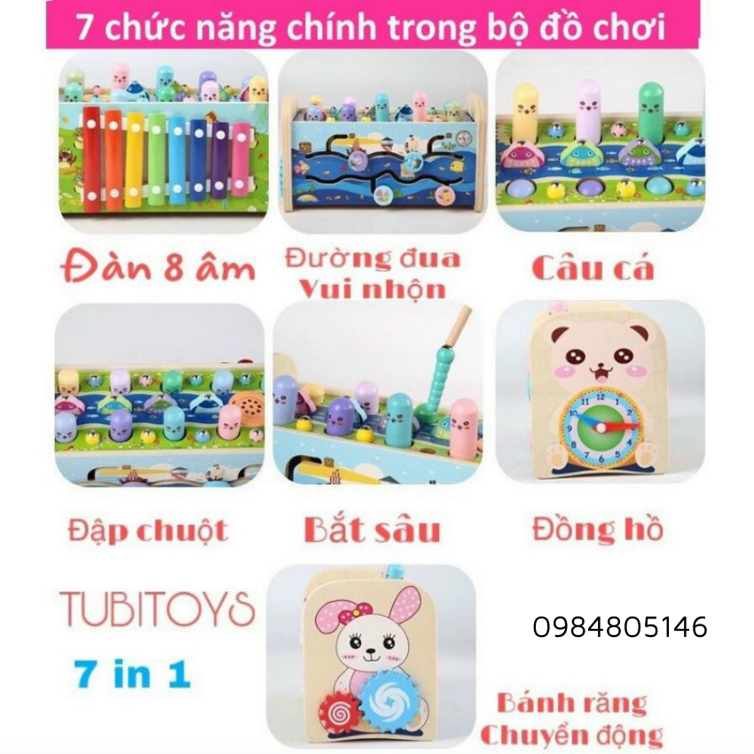 Đồ Chơi Đập Chuột Đa Năng 7 In 1 Bằng Gỗ Giúp Bé Phát Triển Toàn Diện - Tặng Kèm 5 Khăn Lạnh Bảo Bảo