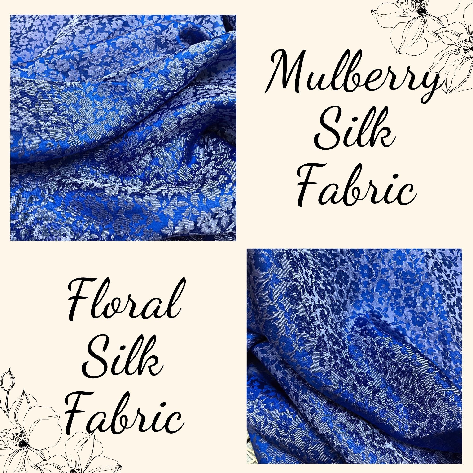 Vải Lụa Tơ Tằm hoa mai màu xanh lam, mềm#mượt#mịn, dệt thủ công, khổ vải 90cm