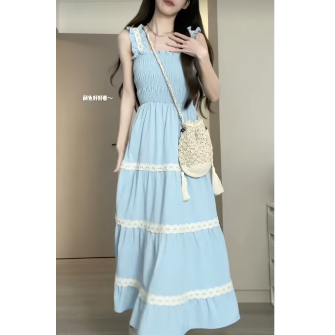 SHUANGYAN Phong cách Pháp lãng mạn thiết kế ren dây đeo váy nữ dây đeo khí chất hiển thị gầy váy đen+cardigan hai bộ