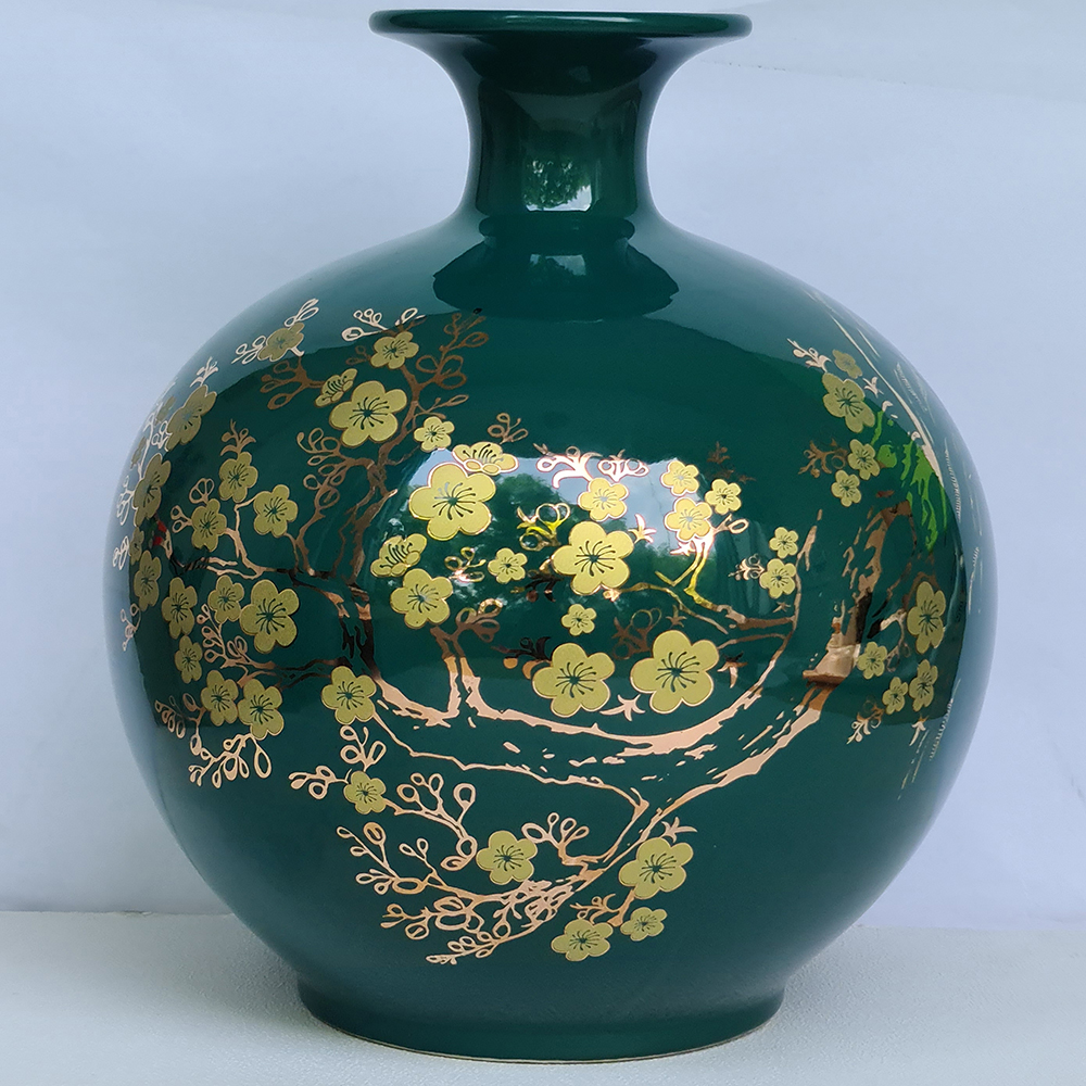 Bình Hút Lộc Gốm Sứ Xanh Ngọc Vẽ Vàng Chữ Lộc - 28 Cm - Mx