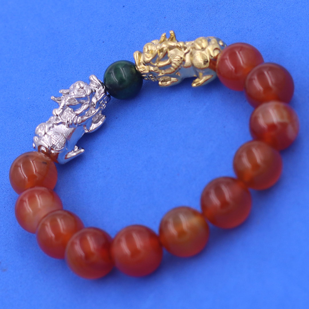 Vòng chuỗi đeo tay mã não cam đỏ 12 ly charm tỳ hưu đôi inox trắng và vàng, vòng chuỗi phong thủy, charm tỳ hưu, vòng tay hạt chuỗi