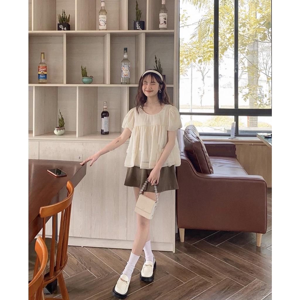 Áo babydoll, set đồ nữ babydoll tay phồng, đồ bộ nữ kiểu thắt nơ siêu xinh kèm quần short, mặc đi chơi vintage, BO007