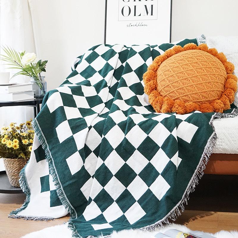 Khăn Thảm Phủ Sofa Caro Xanh Trắng chống bụi bẩn, Mền đắp thư giãn, Thảm Sofa Phòng Khách