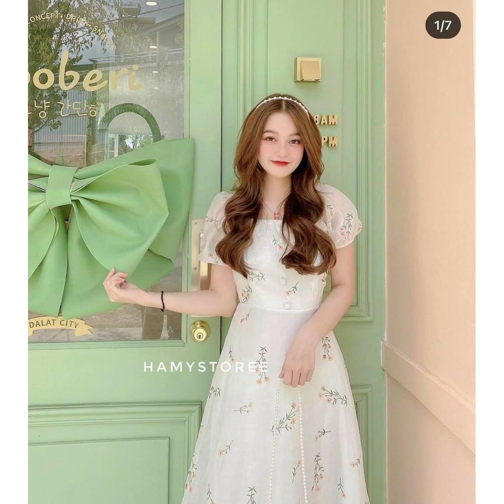 ĐẦM MIDI HOA CỔ VƯƠNG TAY PHỒNG