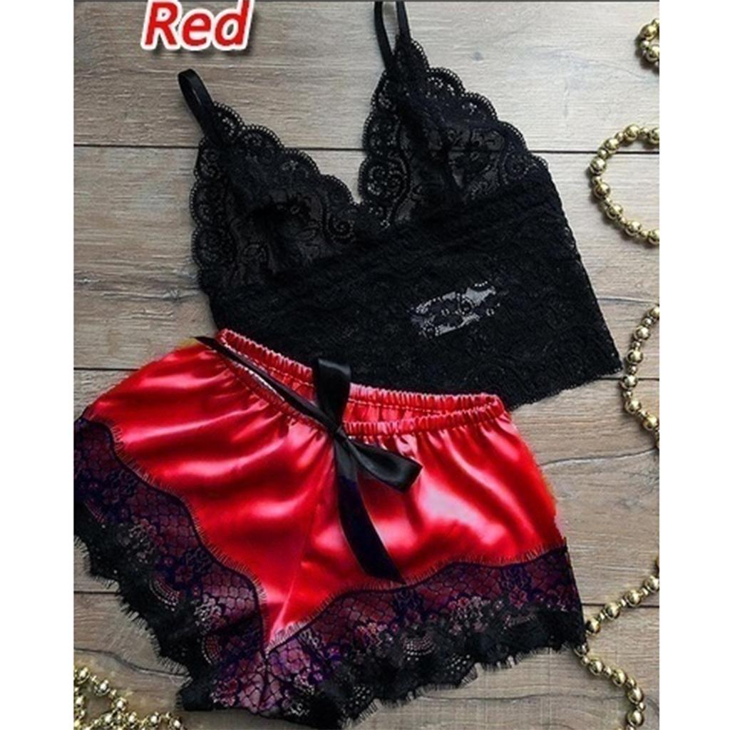 Women Sexy Lace Vest Crop Tops Panty Lingerie Sleepwear Red S