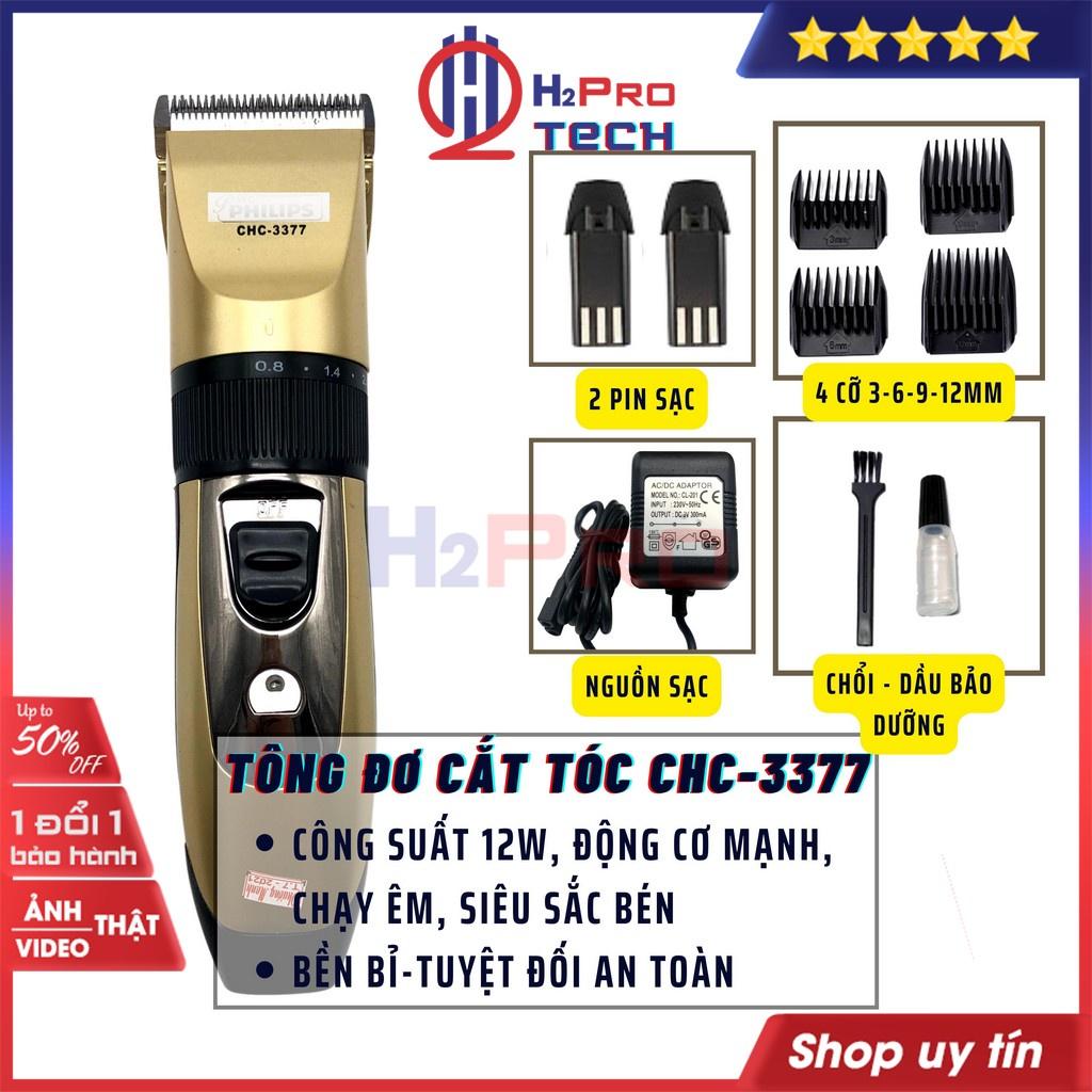 Tông Đơ Cắt Tóc Không Dây CHC-3377 Cắt Êm, Tông Đơ Cắt Tóc Chuyên Nghiệp 3377 (Tặng Bộ 4 Cữ Và 2 Pin Sạc)-H2Pro Tech