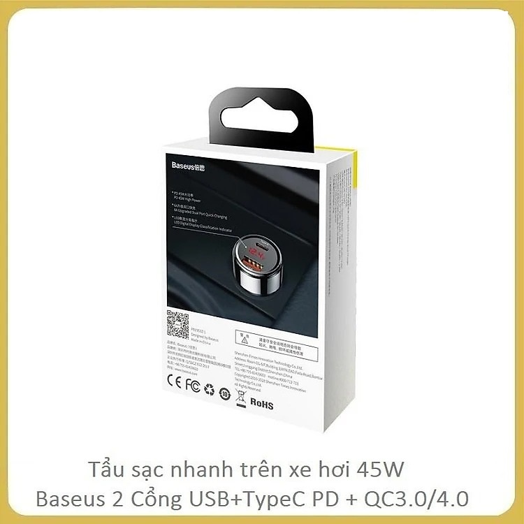 Tẩu sạc cho ô tô Baseus sạc nhanh 45W chuẩn PD , Q.C 3.0 - Hàng Chính Hãng