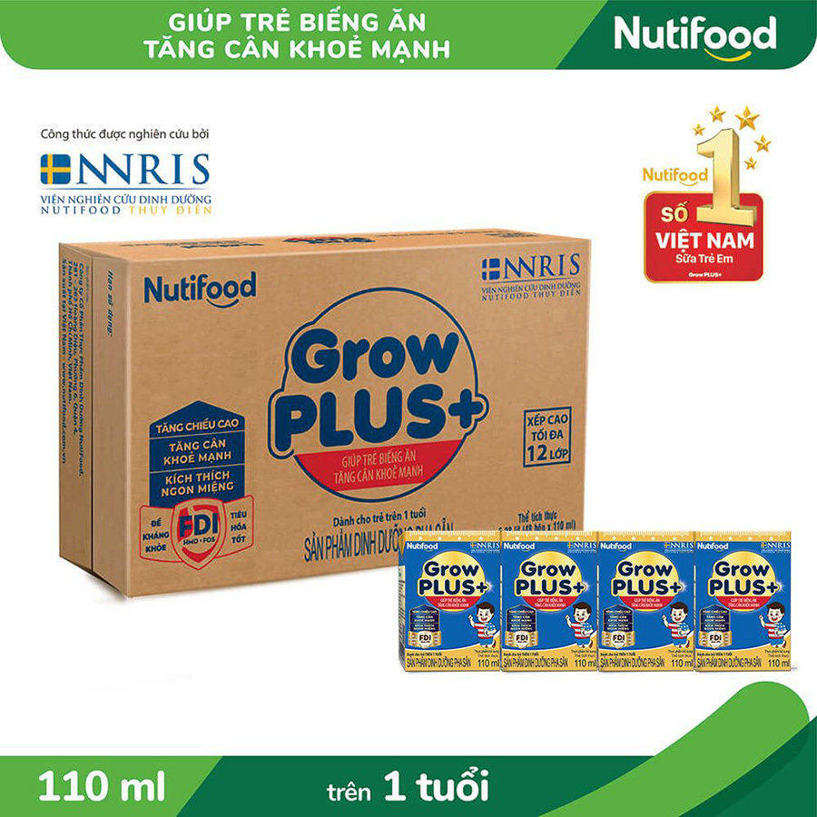 Thùng Sữa Bột Pha Sẵn Nutifood GrowPLUS+ Biếng Ăn 110ml -Tăng Cân Khỏe Mạnh (48 Hộp x 110ml)