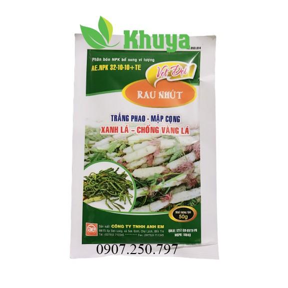 Phân bón NPK vi lượng 32-10-10+TE Vọt Đọt Rau nhút 50gr Trắng phao Mập cọng