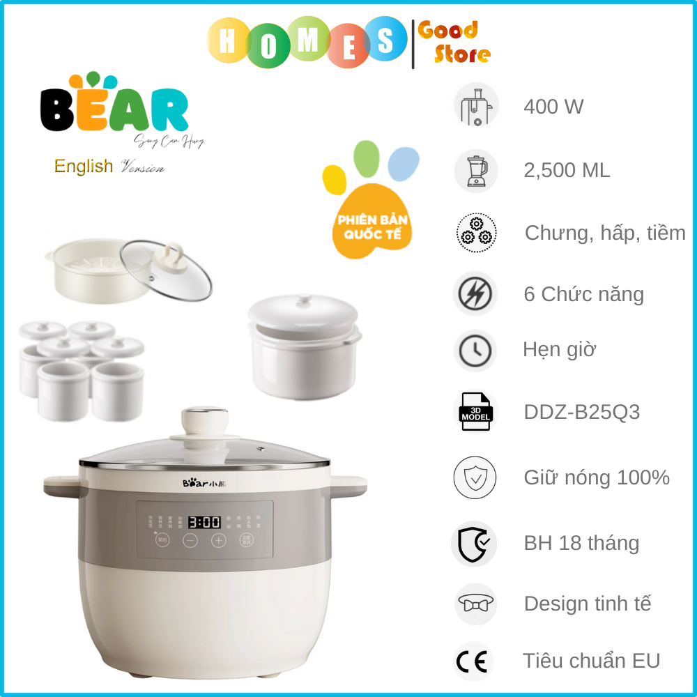 Nồi Chưng Yến, Nồi Nấu Cháo, Nồi Nấu Chậm BEAR SUBE003/ DDZ-C25R6/ DDZ-B25Q3 Bản Tiếng Anh Có Lồng Hấp Tự Động Hoàn Toàn Chống Trào, Chống Cháy Dung Tích 2.5 Lít - Hàng Chính Hãng