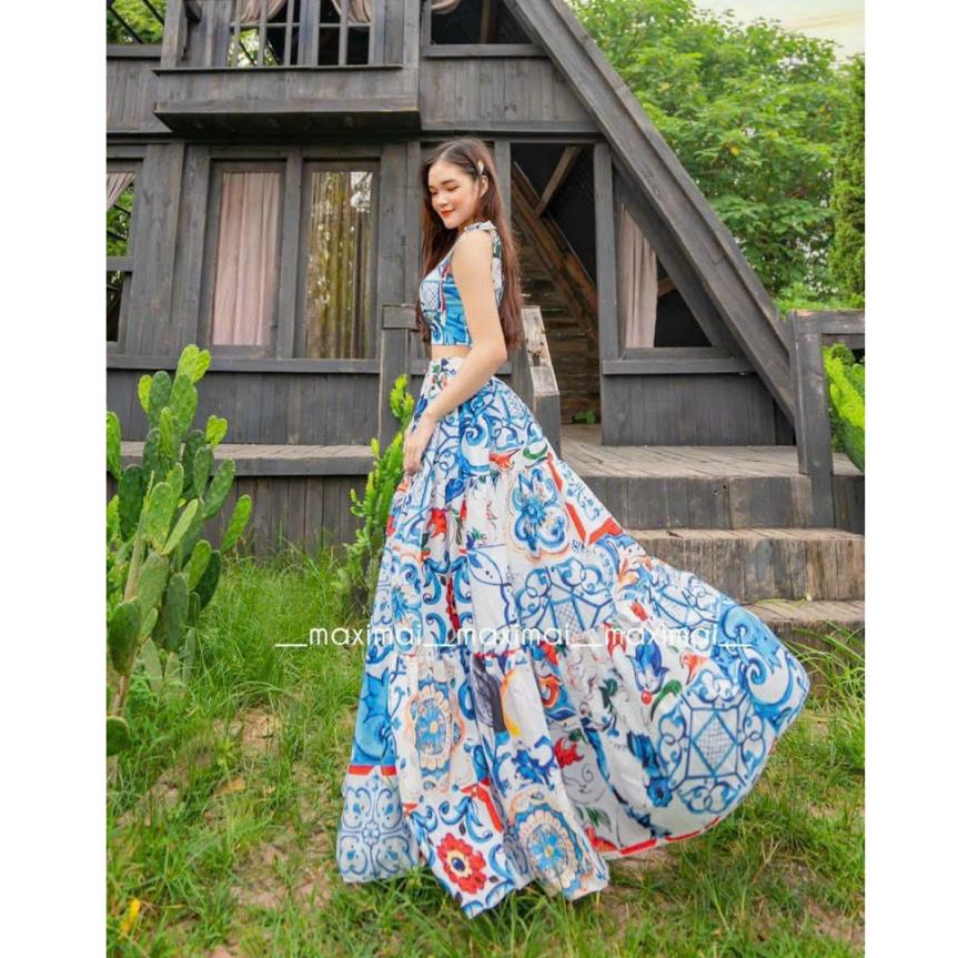 Sét maxi voan hoạ tiết cao cấp áo 2s cột nơ và chân váy xoè dài