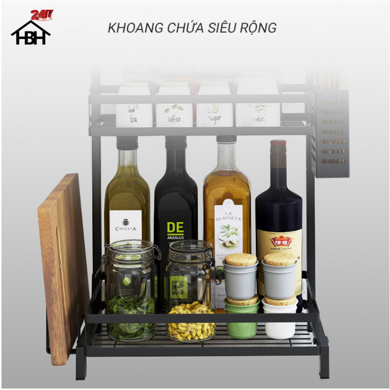 Kệ gia vị chữ E cao cấp HBH bằng thép carbon chống gỉ, chống xước, kệ đựng chai lọ gia vị đa năng, sang trọng