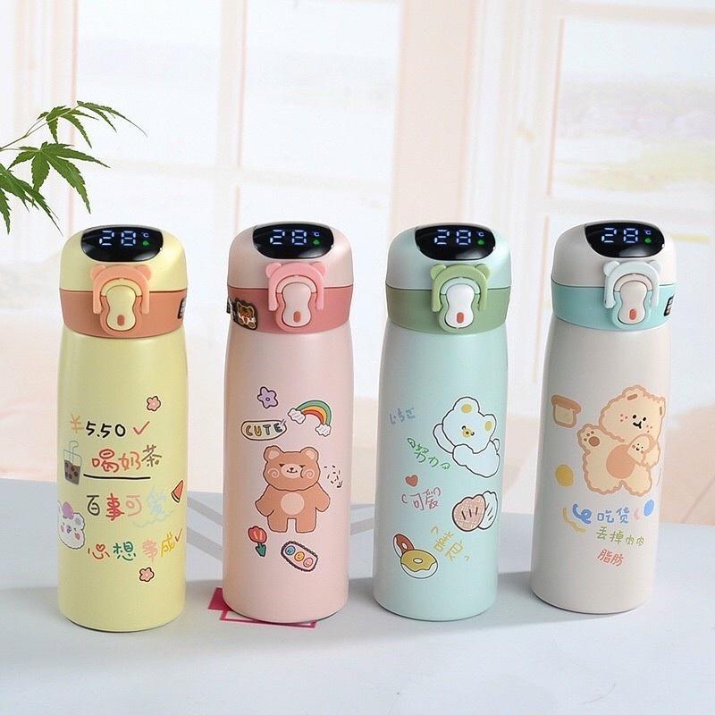 Bình Giữ Nhiệt Sticker Gấu Hiển Thị Nhiệt Độ Màn Hình Led , Chất Liệu Inox Không Gỉ Nắp Đậy Kín