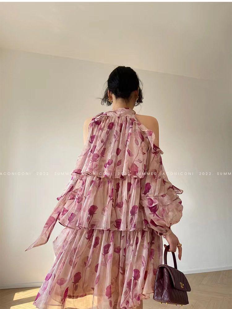CHENGRUI 2023 Mùa hè Pháp Tea Break Dress hoa ngọt ngào nghỉ mát gió đèn lồng tay áo đầm cổ tích nhỏ