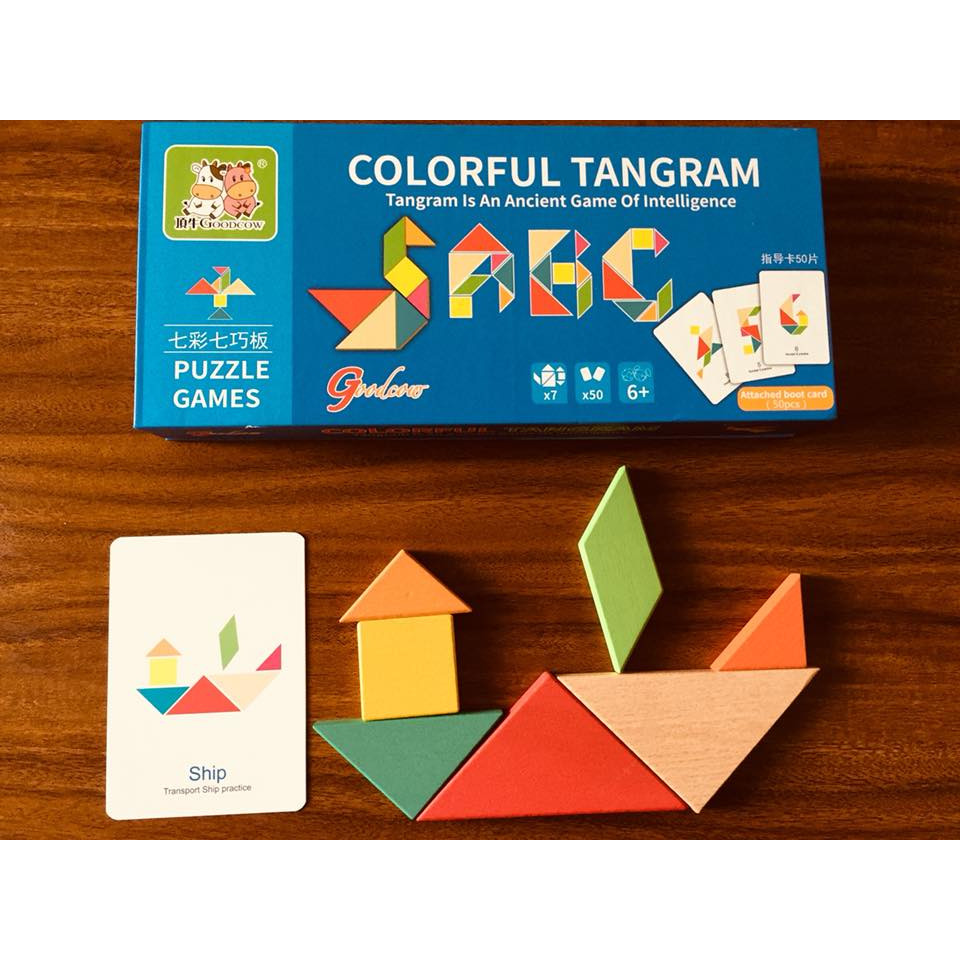 Đồ chơi giáo dục, Ghép Hình Tangram rèn kỹ năng Tư Duy logic cho bé ( 50 thẻ in hai mặt với 100 bài toán +7 miếng ghép hình khối)