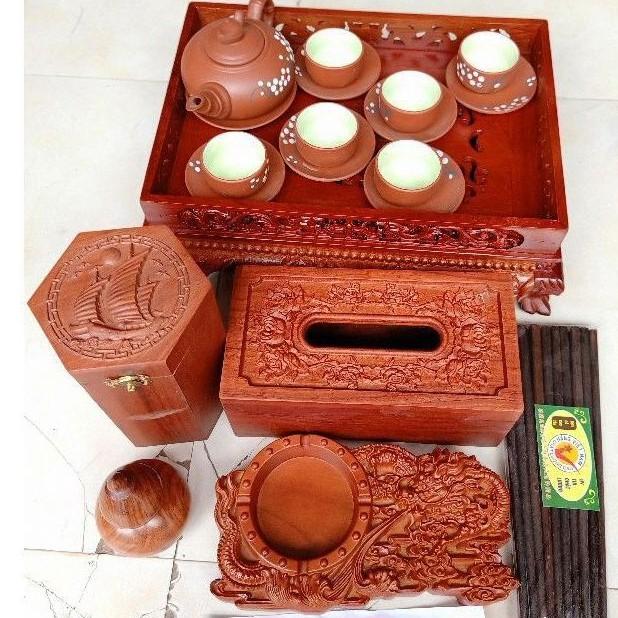 Combo 6 món - Khay Trà - Hộp Giấy Ăn - Hộp Chè - Lọ Tăm - Gạt Tàn - Bộ Đũa Gỗ Trắc