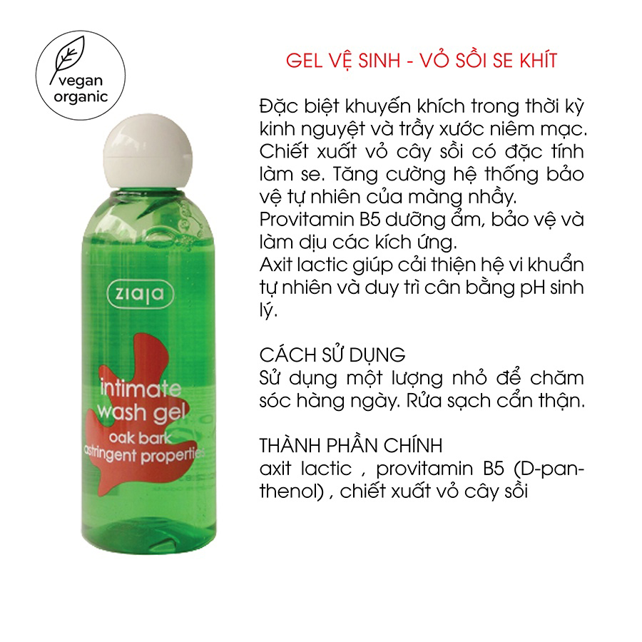 Dung Dịch Vệ Sinh intima Ziaja Vỏ Sồi Se Khít - Intimate Wash Gel Oak Bark Astringent Properties 200ml