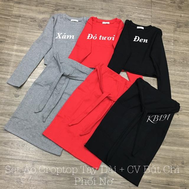 Set Áo Croptop Tay Dài + Chân Váy Bút Chì Phối Nơ
