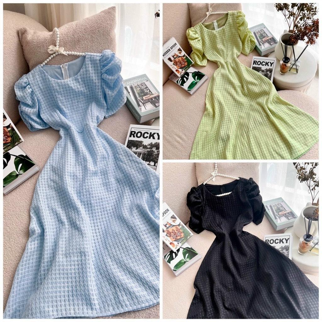 ĐẦM XÒE XỐP TAY NHÚN CỔ TRÒN 12973