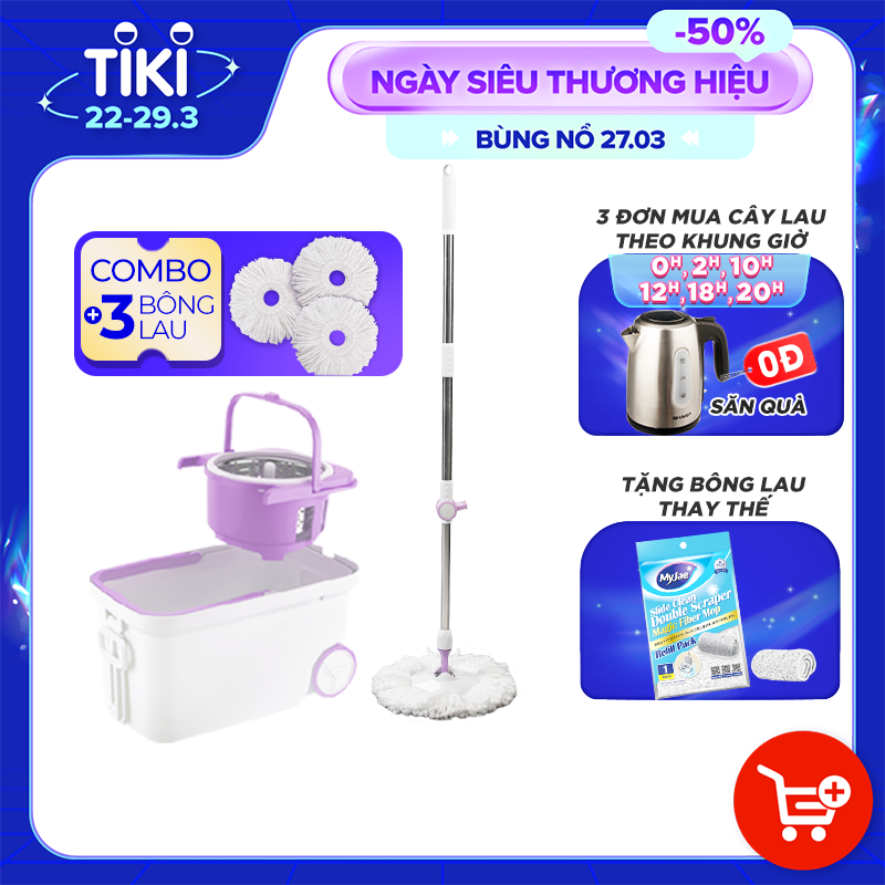 Combo 3 Bông Lau + 1 Bộ Lau Nhà MyJae Đài Loan Sợi Microfiber Xoay Siêu Tốc 360 Độ Thông Minh 129.5cm