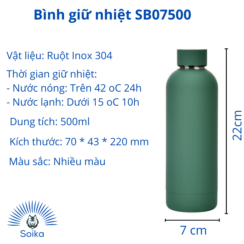 Bình Giữ Nhiệt Cao Cấp SOIKA SB07500 Chai Nước Inox 304 Cách Nhiệt Chân Không Nhiều Màu