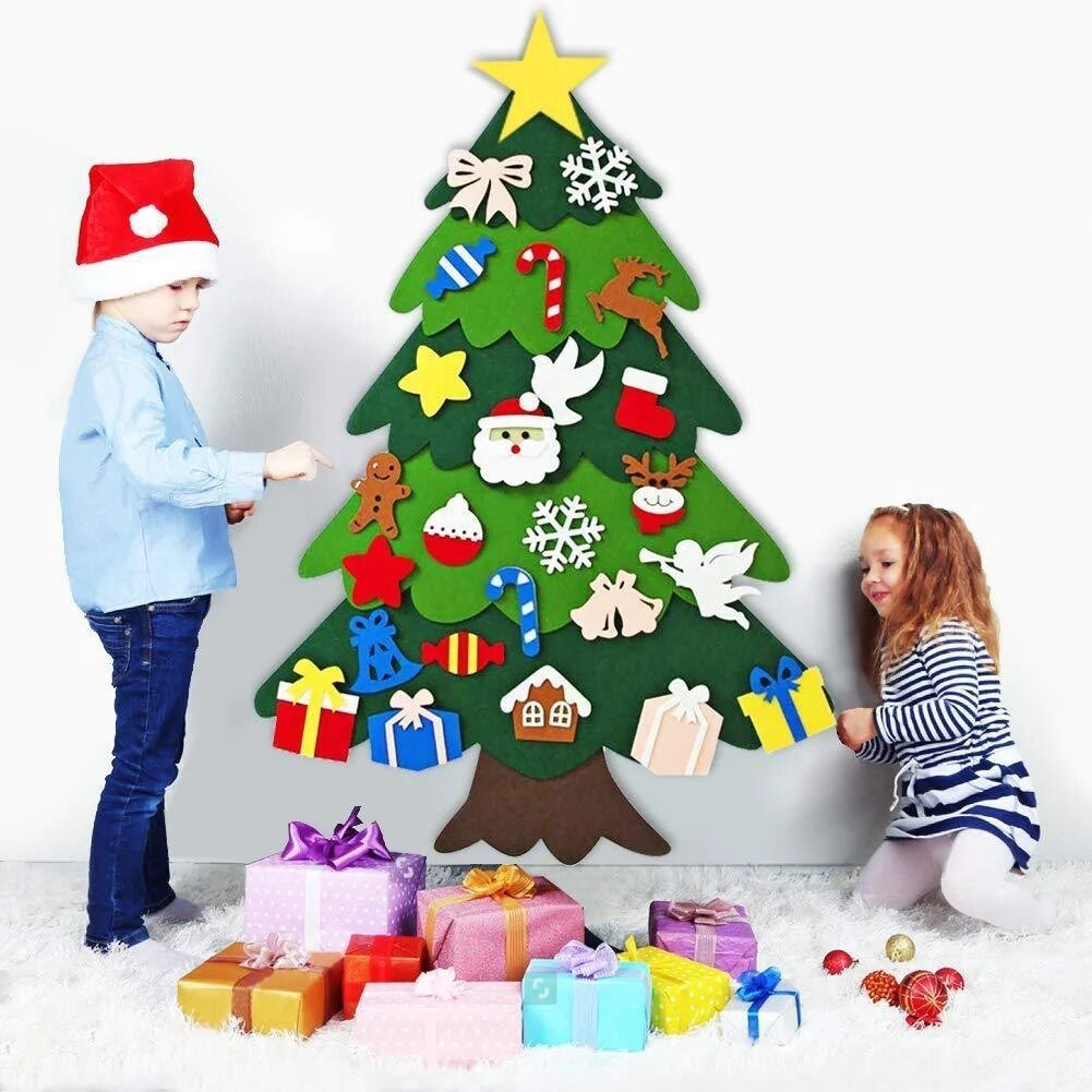 Set Cây Thông Nỉ Dán Tường 95x68Cm Có Đèn Led Kèm 32 Miếng Sticker