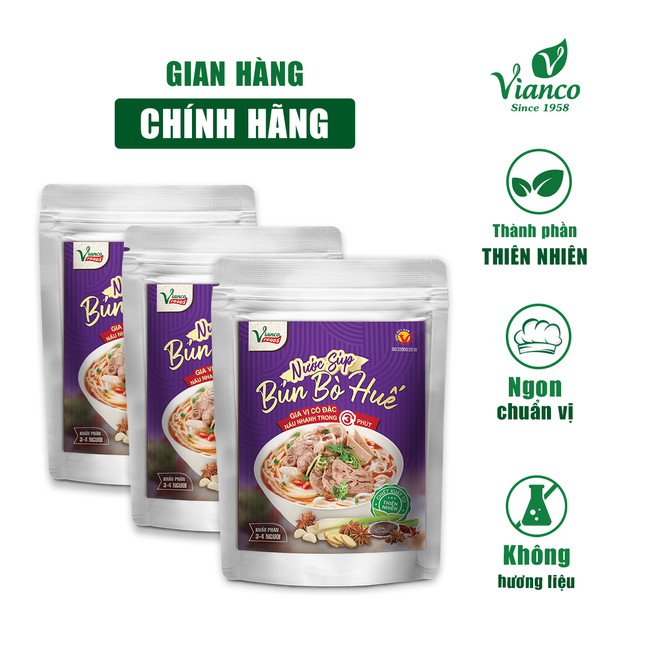 Nước Súp Bún Bò Huế ViancoFoods - Việt Ấn 03 gói x 200ml - Gia vị nấu tiện lợi