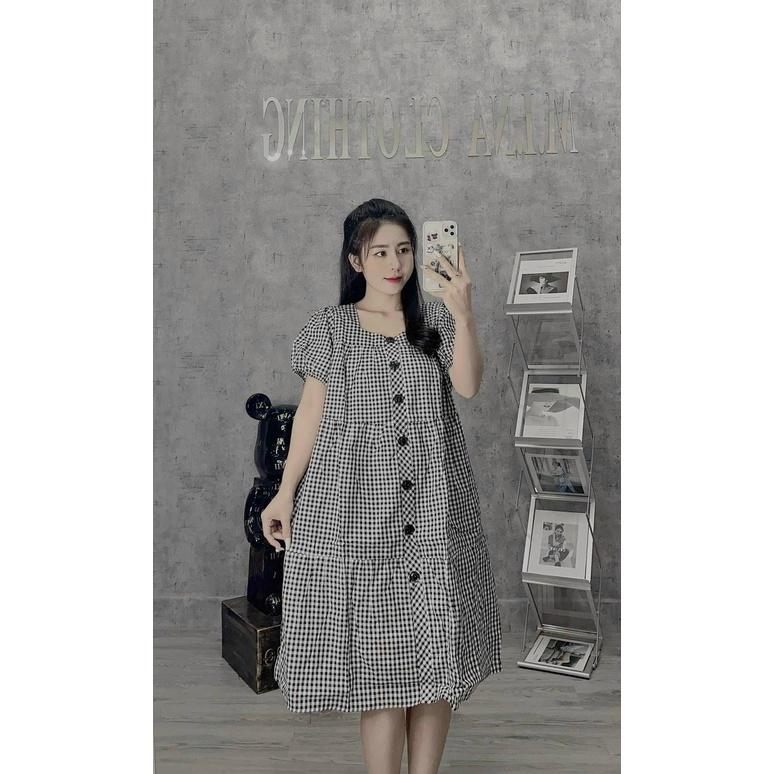 Váy bầu kẻ sọc caro- Đầm cổ vuông tay cộc chất thô đẹp sang chảnh