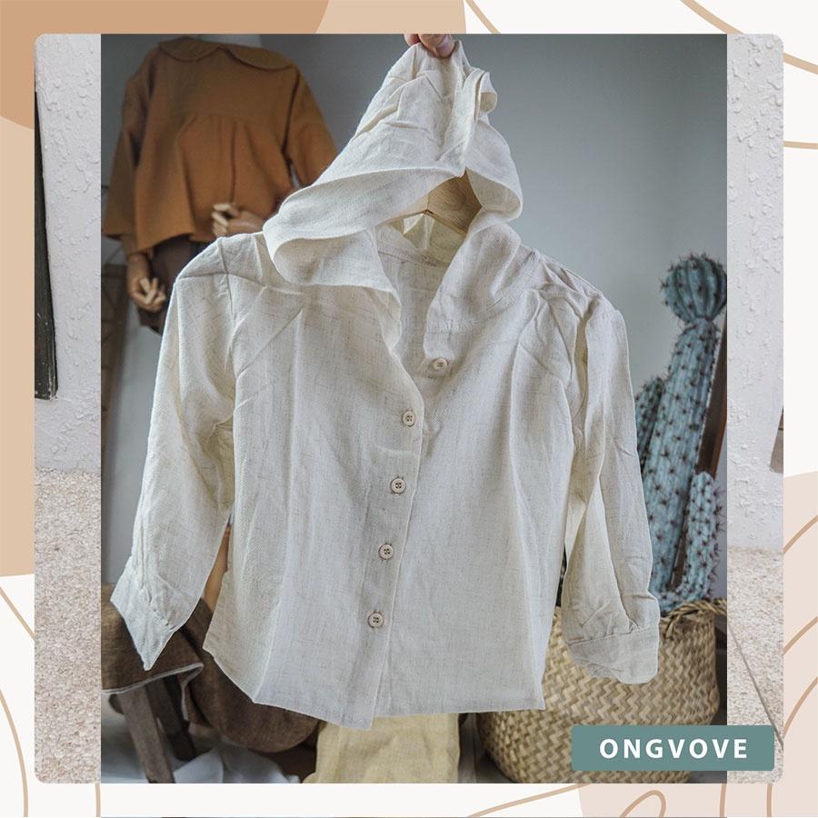 Áo dài tay có mũ unisex cho bé ONGVOVE, phom dáng rộng rãi - chất linen thoáng mát style hàn 2523