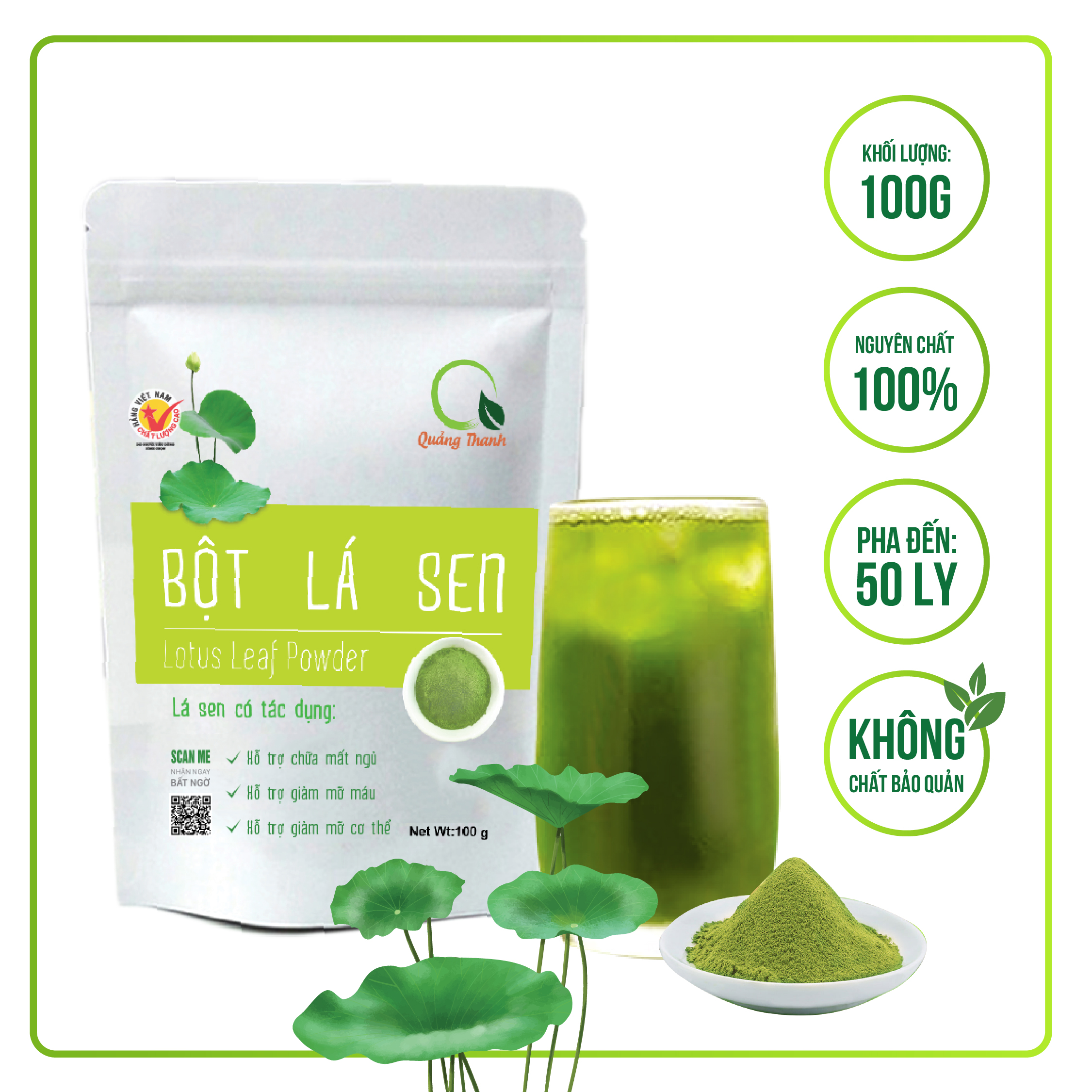 Bột Lá Sen Quảng Thanh Nguyên Chất Sấy Lạnh - Ngủ ngon, giảm mỡ máu, giảm cân - Gói 100 gr