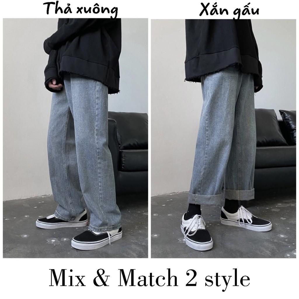 Quần baggy jean nam trơn xanh ống suông chất dày Form chuẩn như hình, quần bò jean ống rộng FFStore