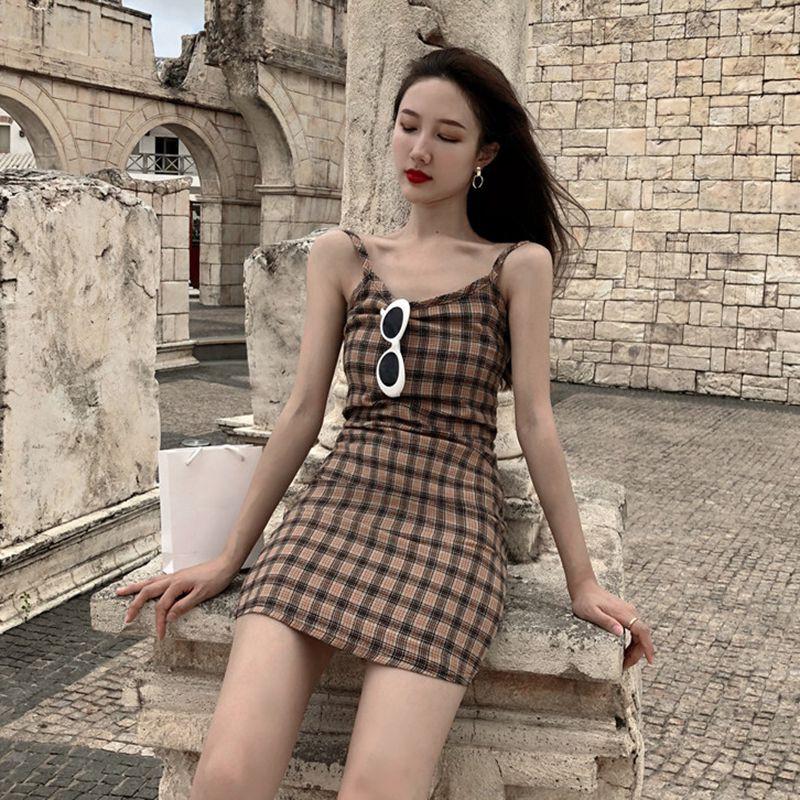 Đầm Nữ Hai Dây Kẻ Sọc Caro Thời Trang