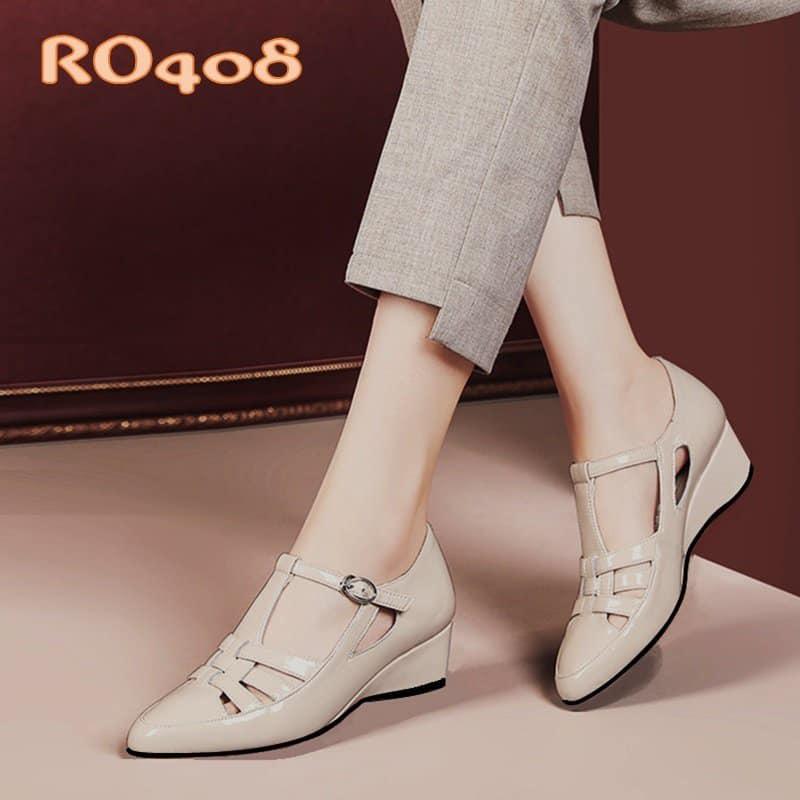 Giày nữ quai cài đế xuồng, da bóng cao cấp ROSATA RO408 cao 2p - Nâu, Kem - HÀNG VIỆT NAM CHẤT LƯỢNG QUỐC TẾ