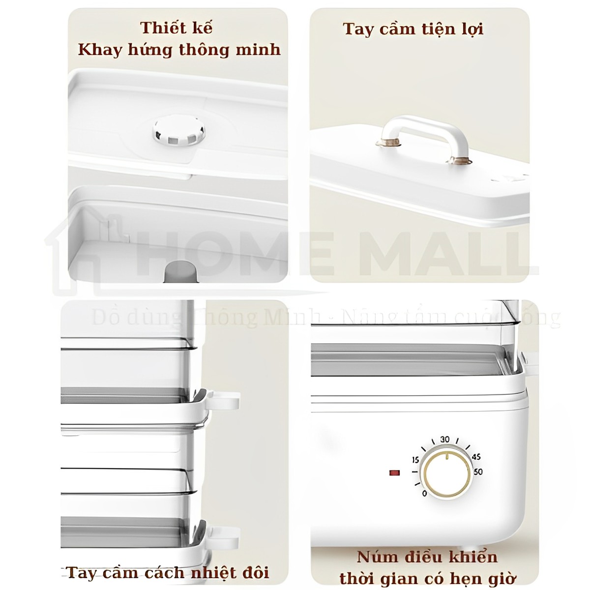 Nồi hấp điện đa năng cao cấp, dung tích 10L, công suất 800W, nồi hấp 2 tầng thông minh có chức năng hẹn giờ