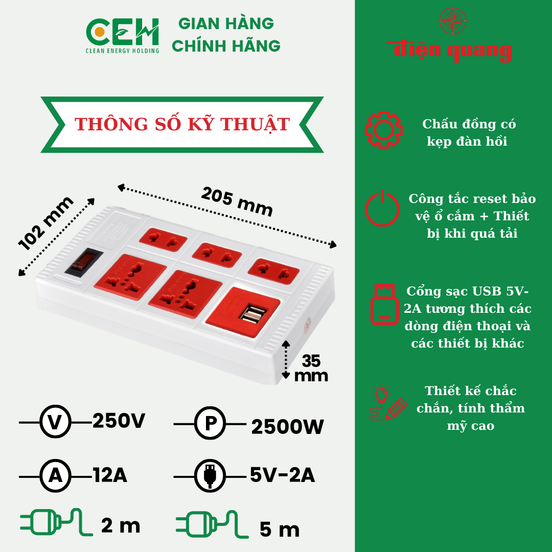 Ổ Cắm ECO Điện Quang ĐQ ESK 5ECO 2A (5 lỗ, 2 cổng USB 2.0A, màu trắng đỏ) - Tự ngắt điện khi quá tải, dây dài 2m/5m