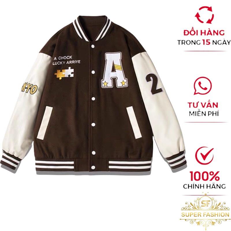 Áo Khoác Bomber Super Fashion Nam Nữ Nỉ Ngoại Fom Rộng Dày Đẹp Thiêu Chữ A Phối Tay Trắng