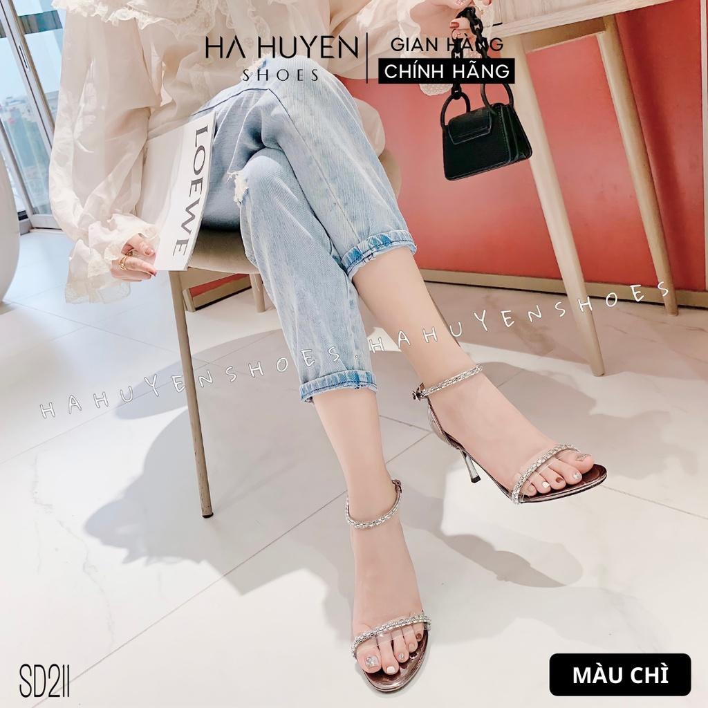 Sandal cao gót nữ Hà Huyền Shoes quai trong phối đá mảnh gót nhọn 8 phân - SD211