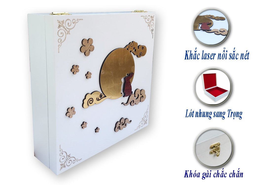 HỘP ĐỰNG BÁNH TRUNG THU BẰNG GỖ LÓT NHUNG CAO CẤP - HỌA TIẾT CẮT NỔI SANG TRỌNG