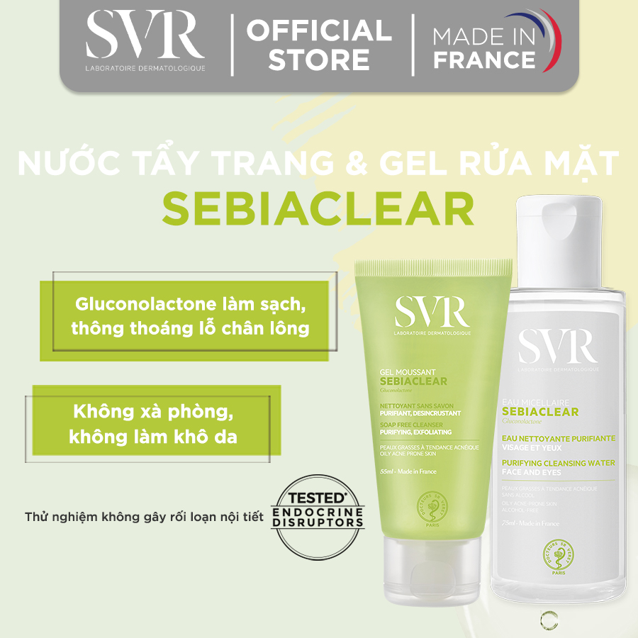 Bộ Đôi Gel Rửa Mặt SVR SEBIACLEAR Gel Moussant 55ml và Tẩy Trang SEBIACLEAR Eau Micellaire 75ml Cho Da Dầu Mụn