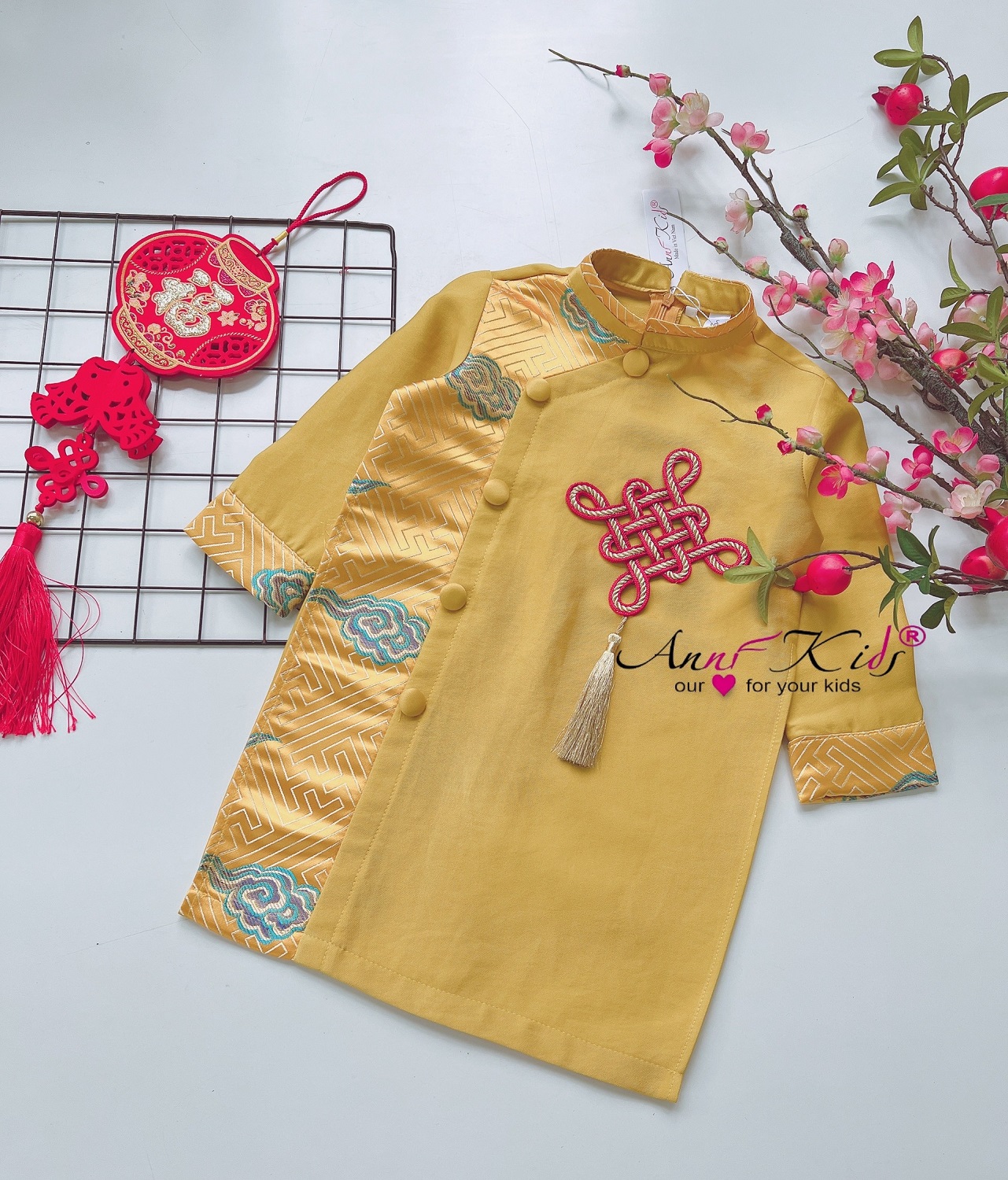Áo dài cách tân bé trai, Áo tết cho bé 1-10 tuổi nút kết cát tường hàng thiết kế chất liệu tap ta phối gấm vân mây