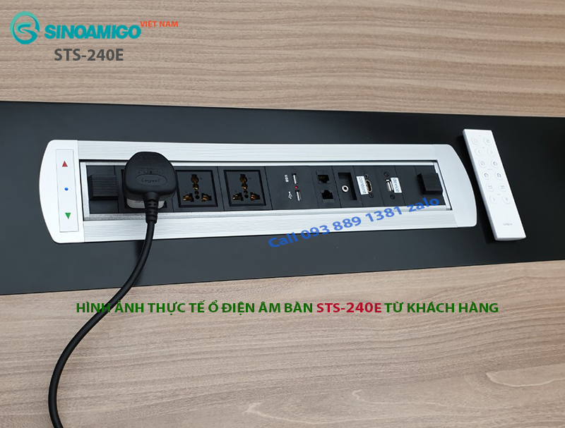 Ổ cắm âm bàn họp, bàn văn phòng Sinoamigo STS-240E, xoay 180 độ, tích hợp đầy đủ ổ cắm cần thiết cho văn phòng