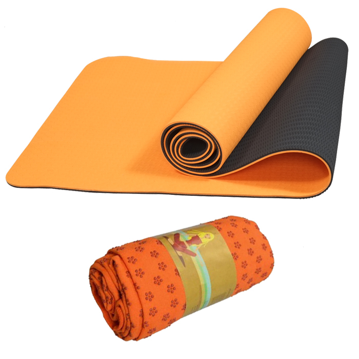 Combo Thảm tập yoga TPE 6mm 2 lớp (Cam) + Khăn trải thảm hạt nổi silicon (Màu ngẫu nhiên)