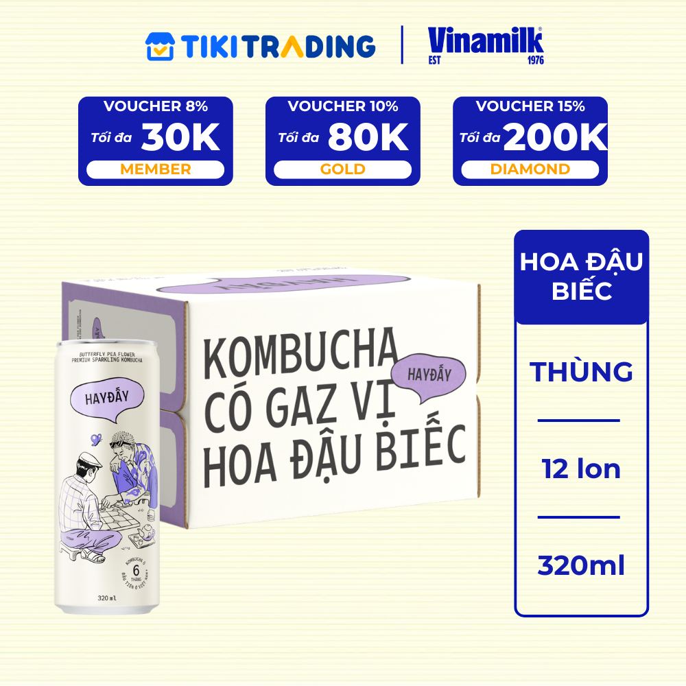 Thùng 12 lon Kombucha Có Gaz Vị Hoa Đậu Biếc 320ml