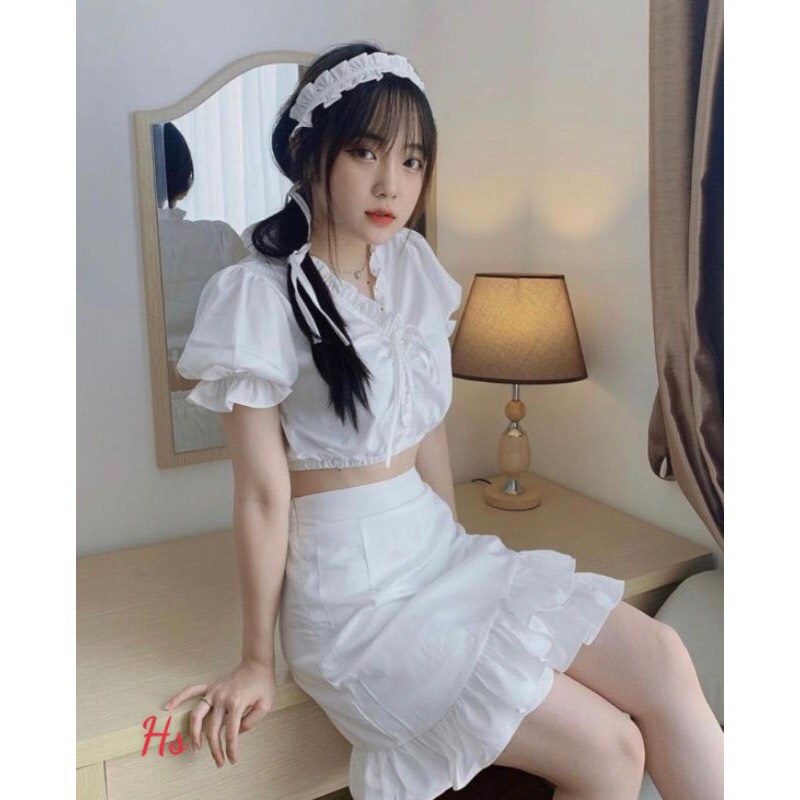 Bộ Chân Váy Áo Croptop Cổ V Dây Rút Set Váy Áo Dáng Ngắn Trắng Chất Đũi X017